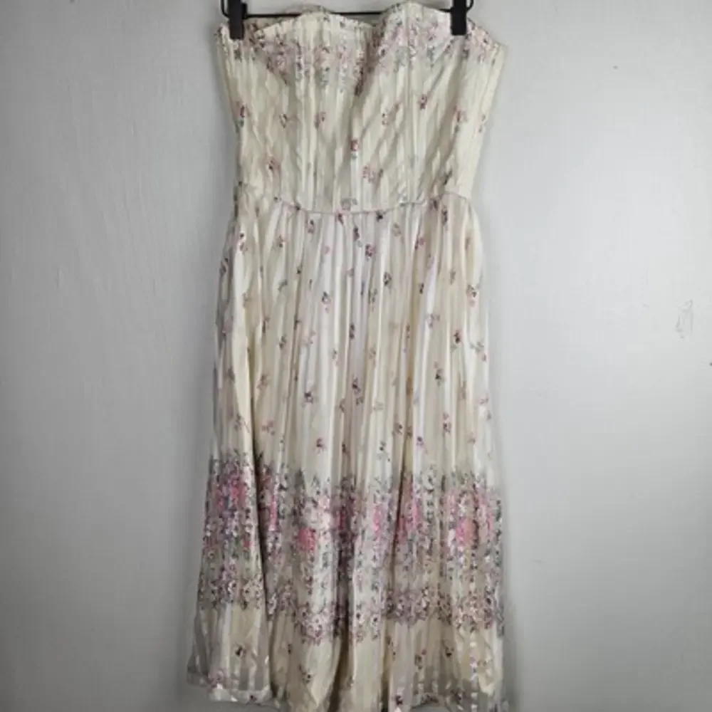 Vintage 50s Strapless Fit & Flare Chiffon Stripe Midi Dress S? 4? Ivory Pink - Picture 8 of 12